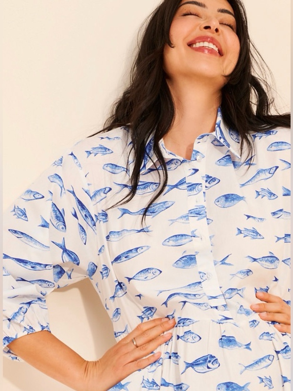 Anthropologie Maeve The Bettina Tiered Shirt Dress Fish print Size L - Picture 10 of 14